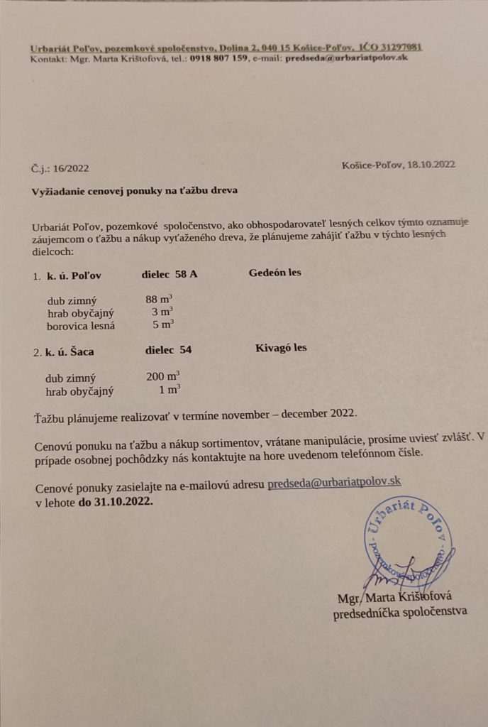 Vyžiadanie cenovej ponukz na ťažbu dreva